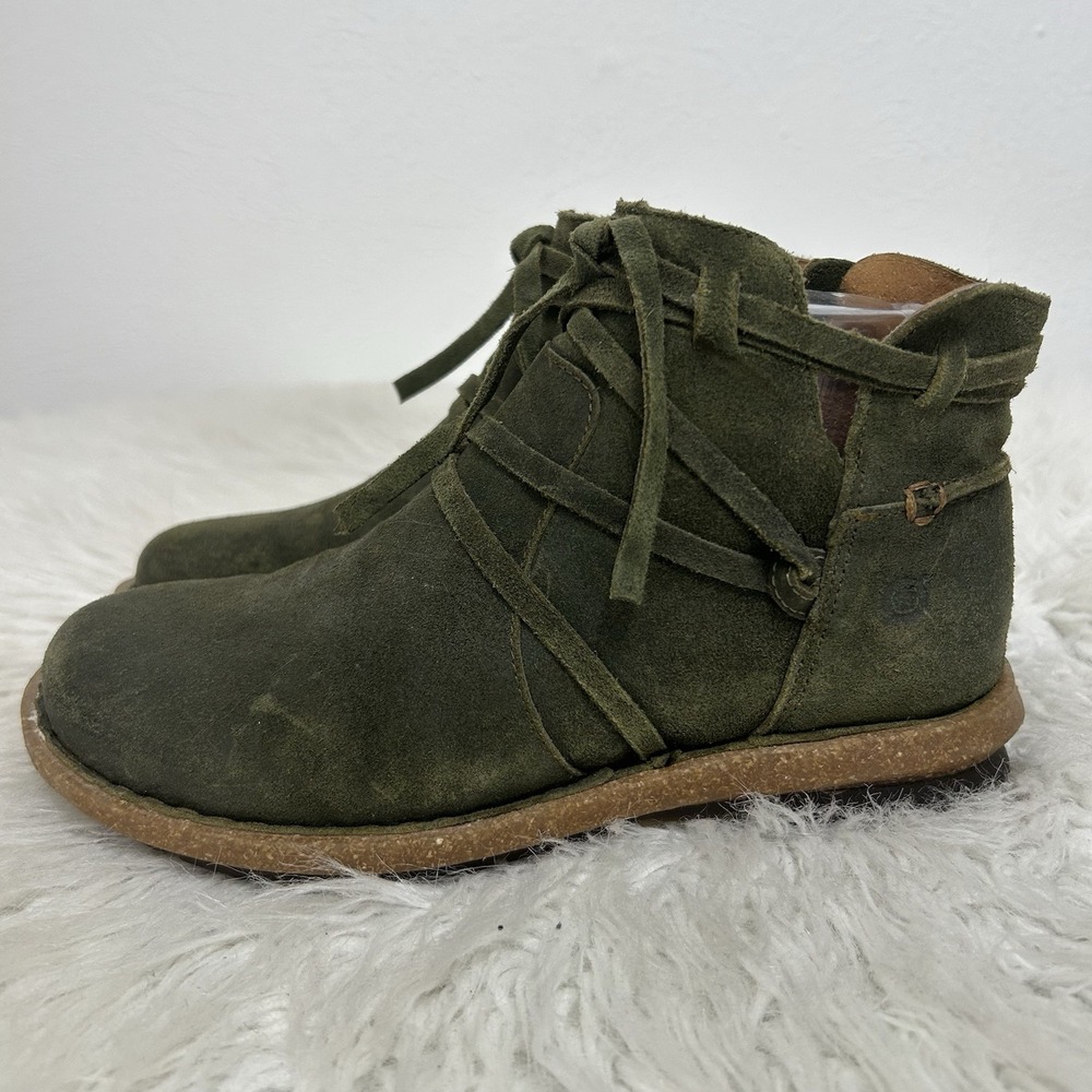 Born Boots Tarkiln Olive Green Suede Ankle Boots Size 6 Distressed Comfort Boho